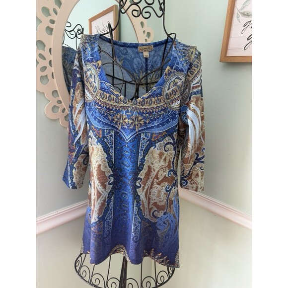 ONE WORLD LIVE AND LET LIVE MULTI EMBELLISHED V NECK TOP TUNIC SZ S Artsy - Picture 1 of 7